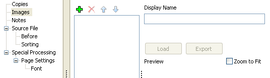 Print parameter properties dialog. Images is selected in the tree on the right. On the right, you can add or remove images that are used in the H T M L editor. 